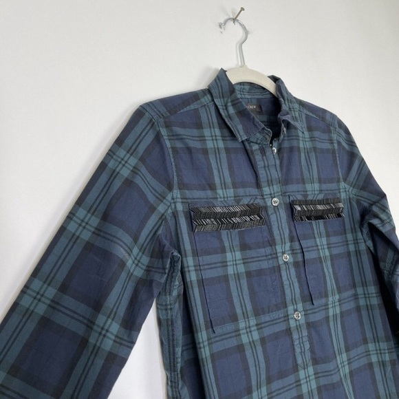 J. Crew Plaid Chevron Beaded Pocket Half Button Shirt 2 - Picture 5 of 7